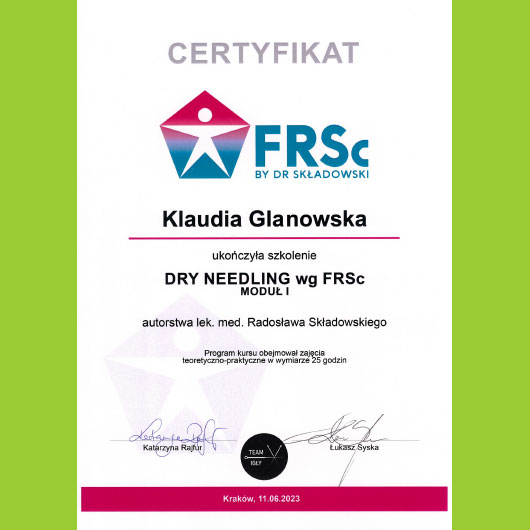 2023; Klaudia Glanowska; DRY NEEDLING wg FRSc | PHOENIX Centrum Psychomedyczne