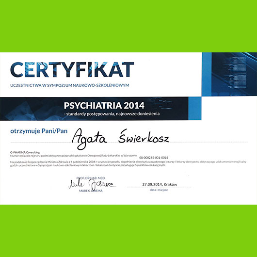 2014; Agata Świerkosz-Fraczek; Psychiatria 2014 standatry postępowania i najnowsze doniesienia | PHOENIX Centrum Psychomedyczne