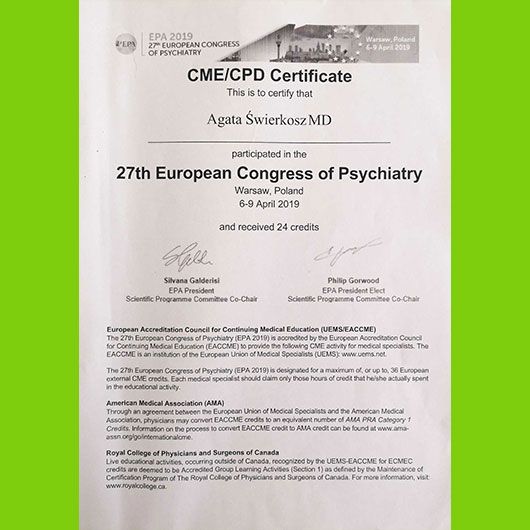 2019; Agata Świerkosz-Fraczek; 27th European Congress of Psychiatry | PHOENIX Centrum Psychomedyczne