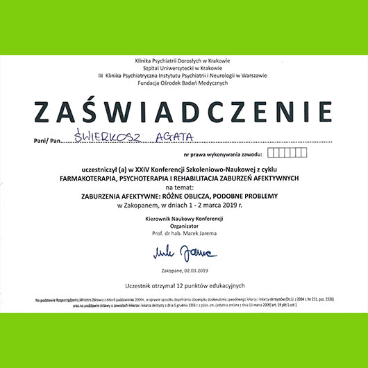 2019; Agata Świerkosz-Fraczek; Psychiatria 2019 standatry postępowania i najnowsze doniesienia | PHOENIX Centrum Psychomedyczne