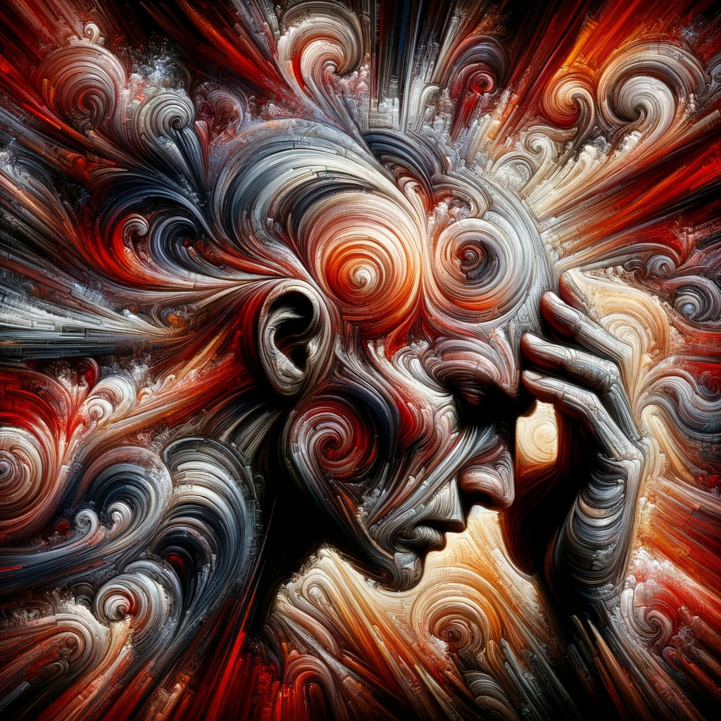 Artystyczna interpretacja migreny | PHOENIX Centrum Psychomedyczne Artystyczne przedstawienie migreny z intensywnymi kolorami i abstrakcyjnymi wzorami